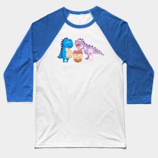 Blue and Purple Dino drinking boba milk tea Baseball T-Shirt